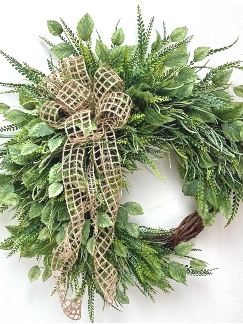 Year Round Wreath - Green Rustic Jute Bow Fern Wreath - Mother's Day